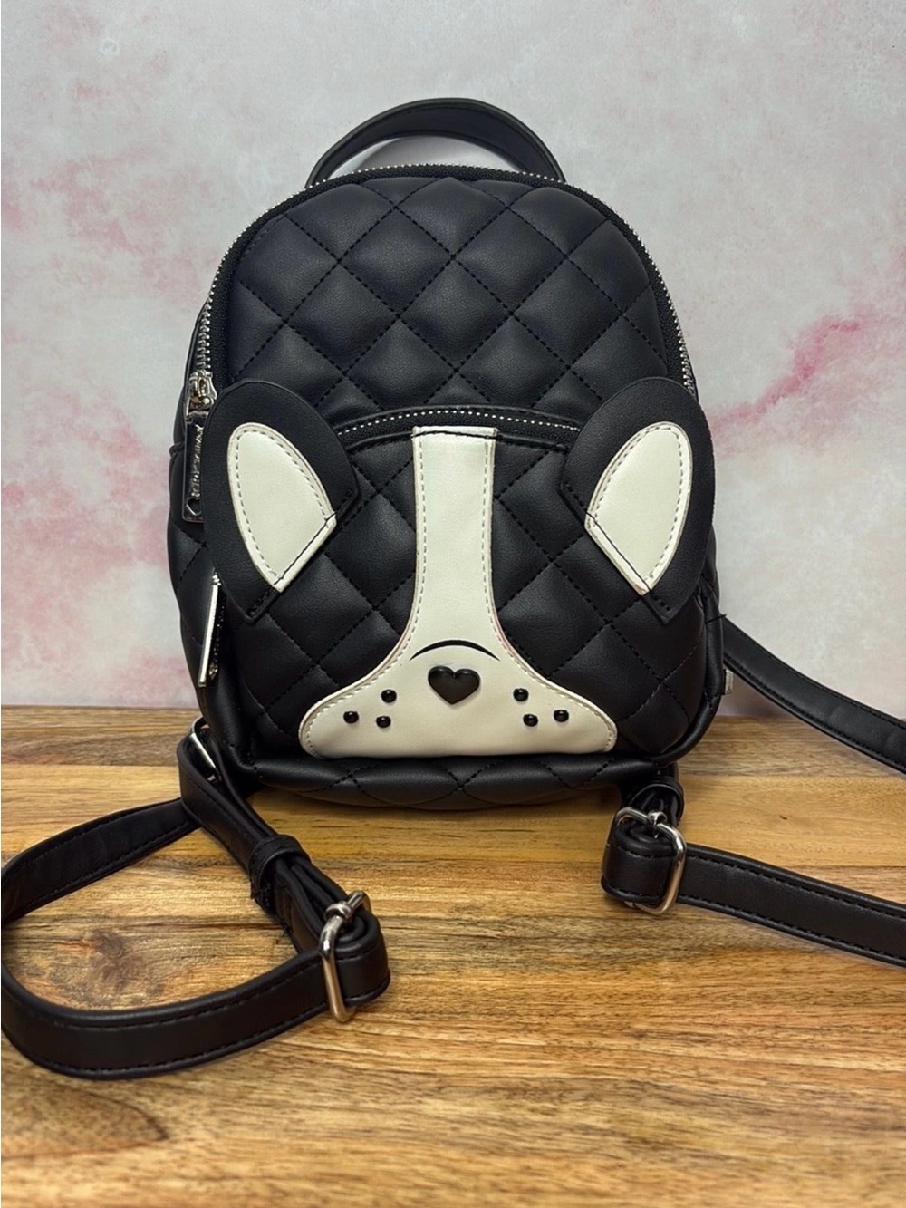 Betsey Johnson Black Quilted Mini Backpack with White Dog Applique